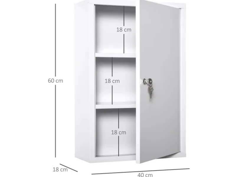 kleankin Medizinschrank mit Schloss 3 Fächer Stahl Weiß 40 x 18 x 60 cm