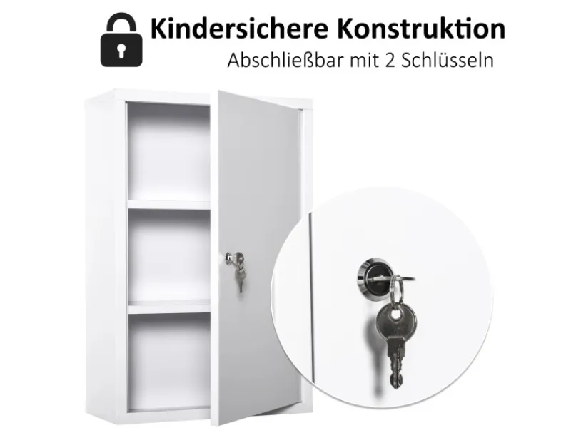 kleankin Medizinschrank mit Schloss 3 Fächer Stahl Weiß 40 x 18 x 60 cm