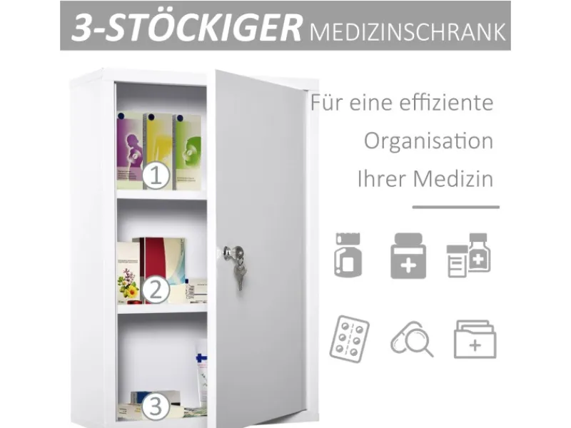 kleankin Medizinschrank mit Schloss 3 Fächer Stahl Weiß 40 x 18 x 60 cm