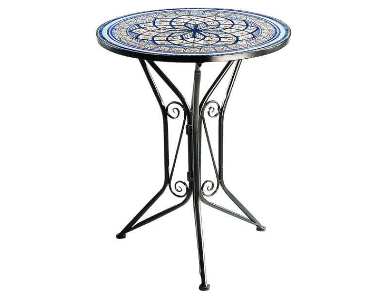 Best Kobolo Gartentisch Mediterran mit Platte in Mosaikoptik Weiß Blau Höhe 68 cm Durchmesser 55 cm