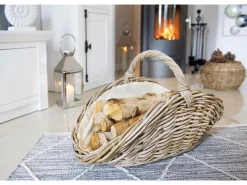 Kobolo Kaminholzkorb Kubu grey aus Rattan mit Henkel und Leinen