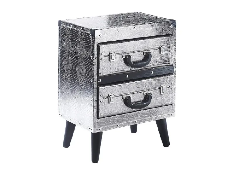 Kobolo Kommode Regal Nachttisch in Kofferoptik Silberfarben 2 Fächer Kunstleder und Holz