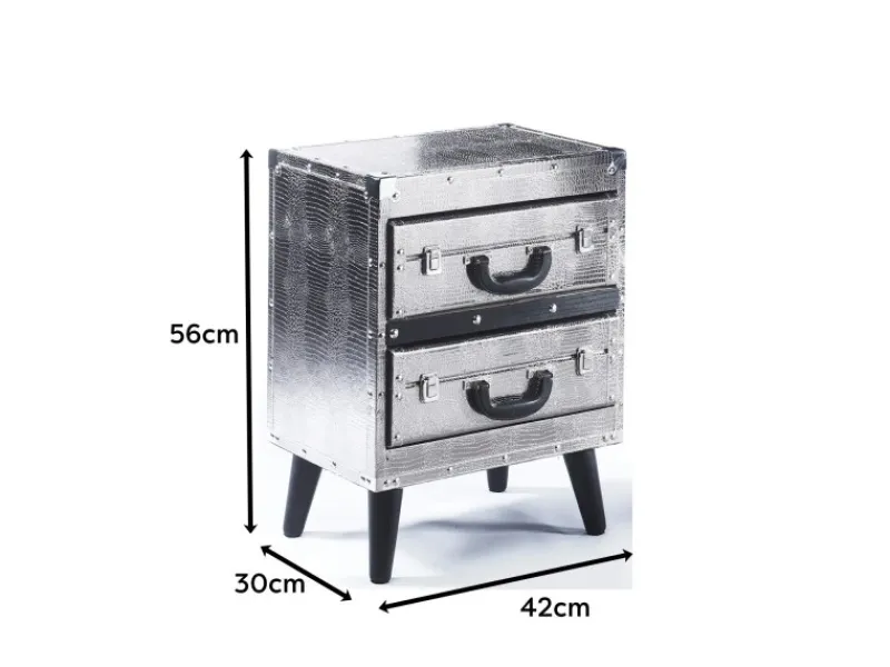 Kobolo Kommode Regal Nachttisch in Kofferoptik Silberfarben 2 Fächer Kunstleder und Holz