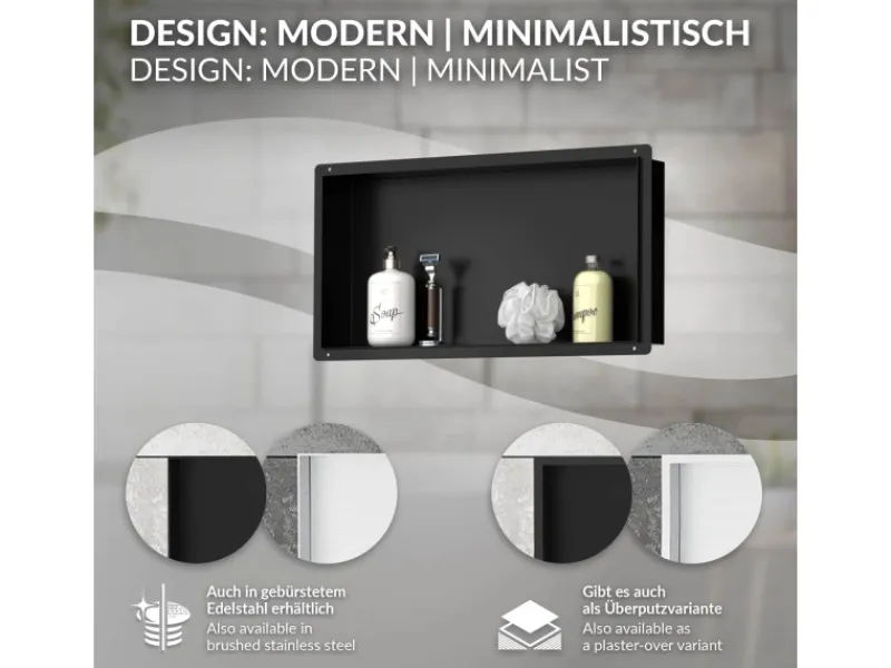 New LuxeBath Wandnische aus Edelstahl 60x30x10 cm Schwarz Duschnische Einbauregal