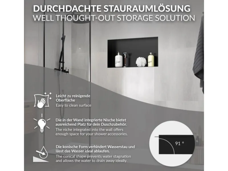 New LuxeBath Wandnische aus Edelstahl 60x30x10 cm Schwarz Duschnische Einbauregal