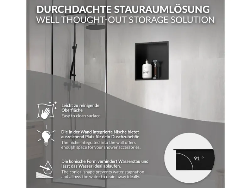 Sale LuxeBath Wandnische aus Edelstahl 30x30x10 cm Schwarz Duschnische mit Rahmen