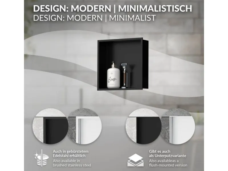 Sale LuxeBath Wandnische aus Edelstahl 30x30x10 cm Schwarz Duschnische mit Rahmen
