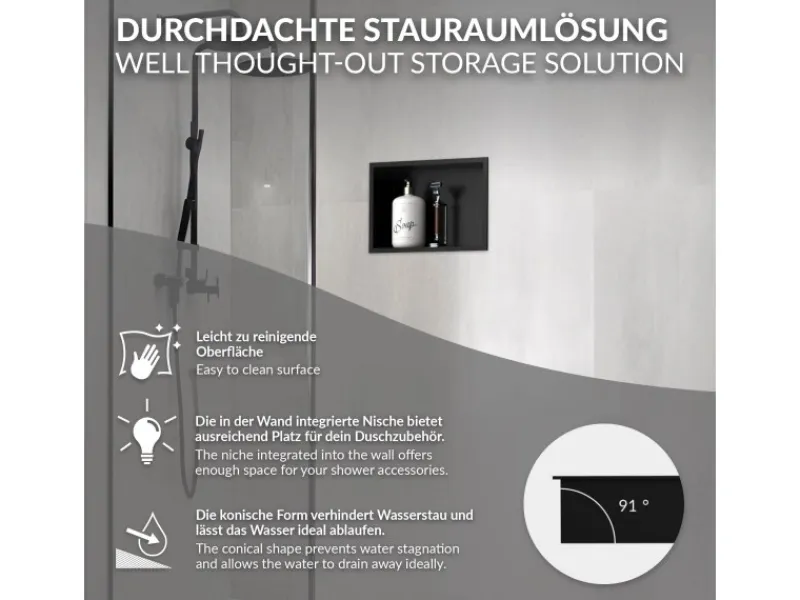 Hot LuxeBath Wandnische aus Edelstahl 20x30x10 cm Schwarz Duschnische mit Rahmen