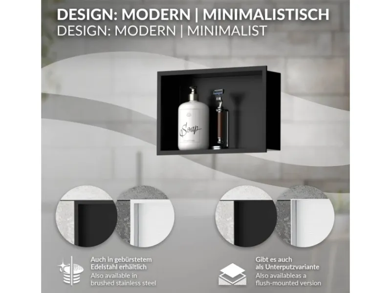 Hot LuxeBath Wandnische aus Edelstahl 20x30x10 cm Schwarz Duschnische mit Rahmen