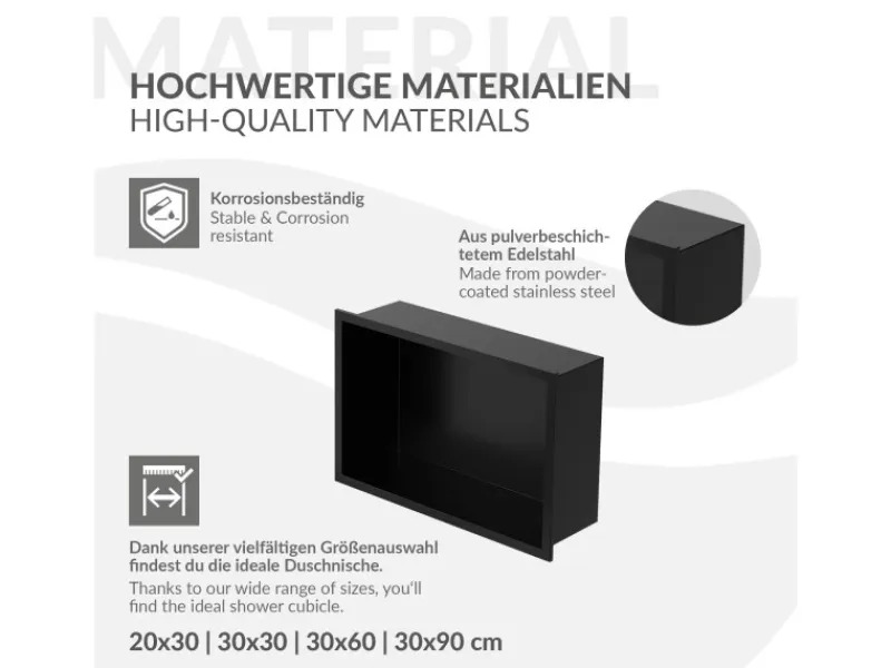 Hot LuxeBath Wandnische aus Edelstahl 20x30x10 cm Schwarz Duschnische mit Rahmen