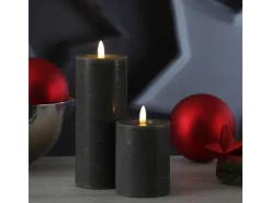 MARELIDA LED Kerze LINA Rustik Optik Echtwachs Stumpenkerze Flackernd Timer H 19cm Grau