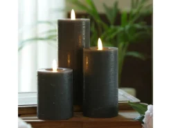 MARELIDA LED Kerzenset LINA Rustik Optik Echtwachs Flackernd 3 Größen Timer Grau 3er Set