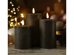 MARELIDA LED Kerzenset LISA Rustik Optik Echtwachskerzen Wiederaufladbar Grau 3er Set