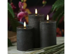 MARELIDA LED Kerzenset LISA Rustik Optik Echtwachskerzen Wiederaufladbar Grau 3er Set