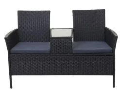 Online MCW Poly-Rattan Sitzbank mit Tisch E24 Kissen Dunkelgrau Schwarz