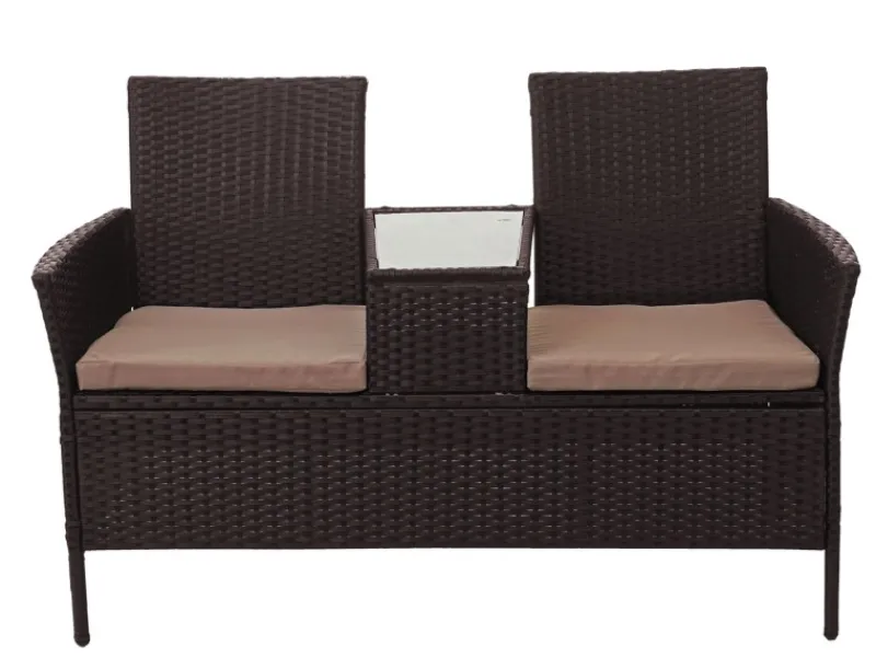 MCW Poly-Rattan Sitzbank mit Tisch E24 Kissen Creme