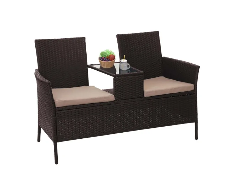 MCW Poly-Rattan Sitzbank mit Tisch E24 Kissen Creme