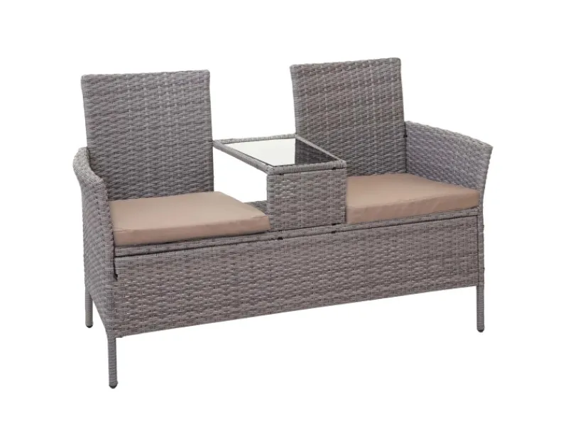 MCW Poly-Rattan Sitzbank mit Tisch E24 Kissen Creme