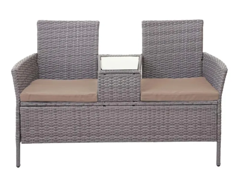 MCW Poly-Rattan Sitzbank mit Tisch E24 Kissen Creme