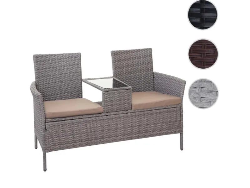 MCW Poly-Rattan Sitzbank mit Tisch E24 Kissen Creme