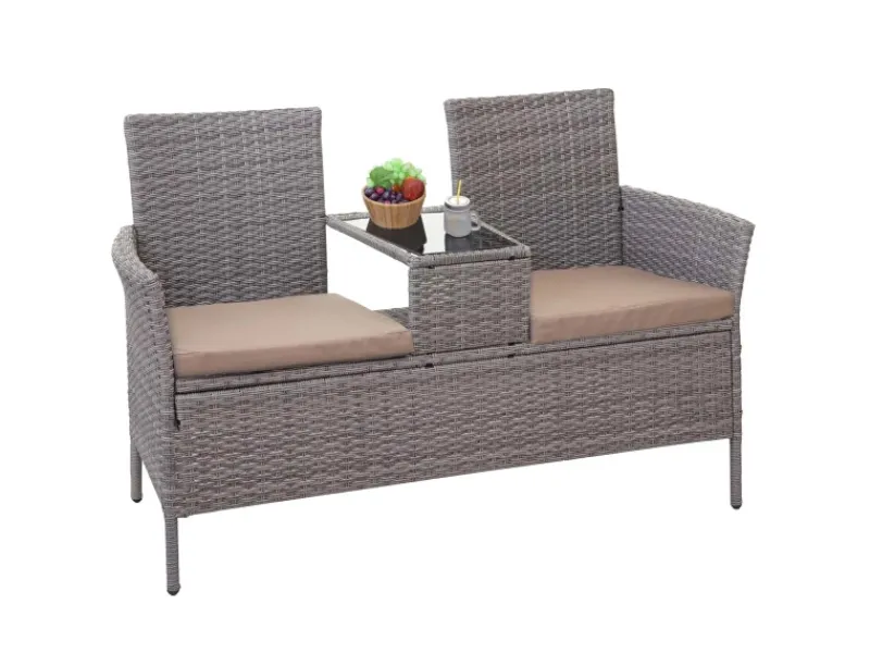 MCW Poly-Rattan Sitzbank mit Tisch E24 Kissen Creme