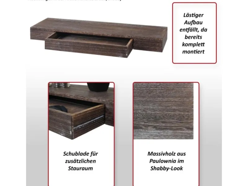 New MCW Wandregal H37 Schublade 8x80x25cm Shabby Grau