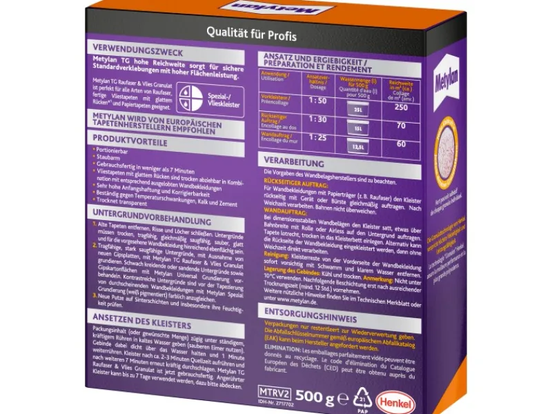 Metylan Raufaser & Vlies Granulat TG Hohe Reichweite 500 g Paket Transparent