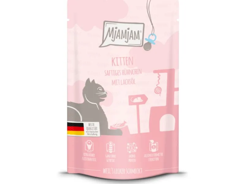 Mjamjam Nassfutter Quetschie Katzen Saftiges Hühnchen mit Lachsöl 125 g