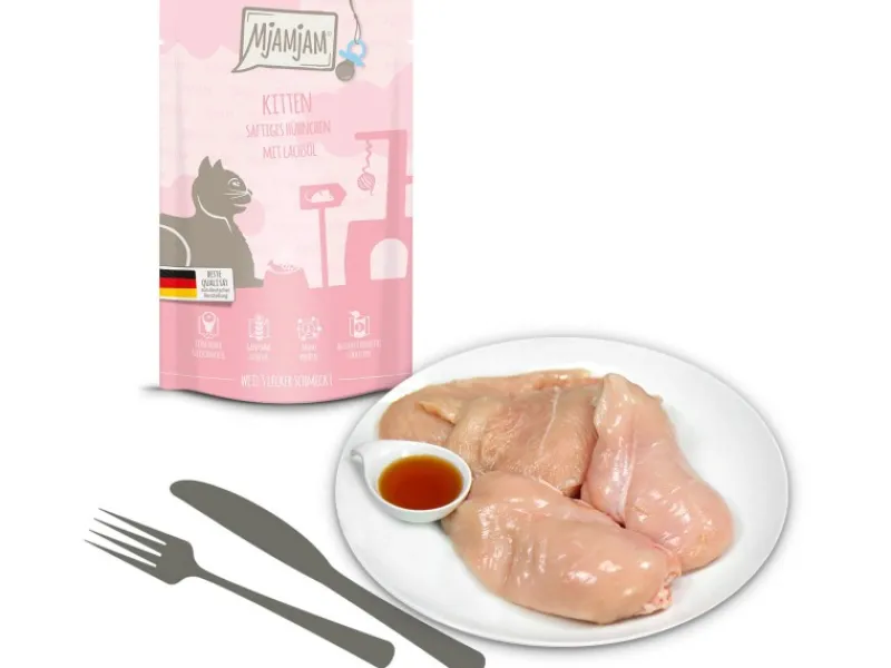 Mjamjam Nassfutter Quetschie Katzen Saftiges Hühnchen mit Lachsöl 125 g
