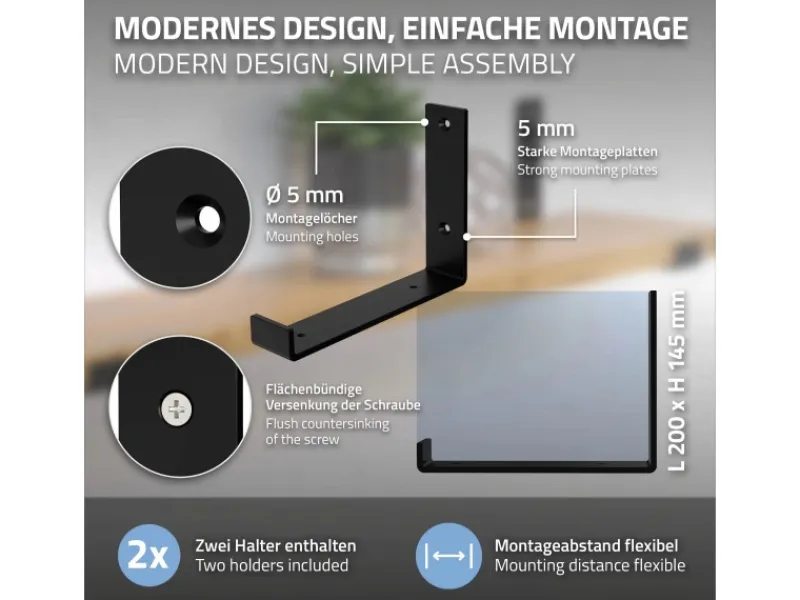 ML-Design 4 Stück Regalhalterung 20x4x14 cm Schwarz Metall 8 Zoll L-Form