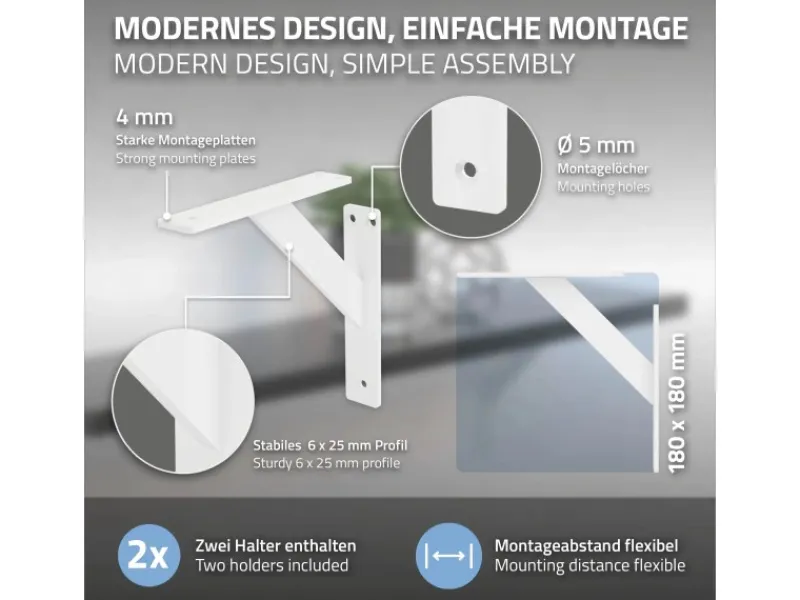 ML-Design 4 Stück Regalhalterung 180 x 180 mm Weiß Aluminium Schwebende