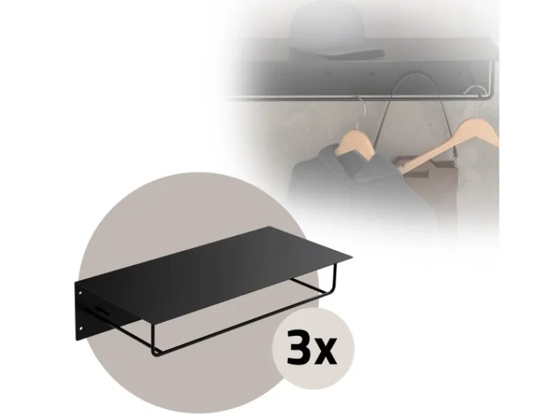 ML-Design 3Er Set Wandgarderobe mit Hakenleiste Kleiderstange 60x30x15cm Schwarz