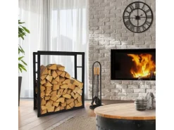 Outlet ML-Design Kaminholzregal 80x100x25 cm Rechteckig Schwarz Metall Innen/Außen