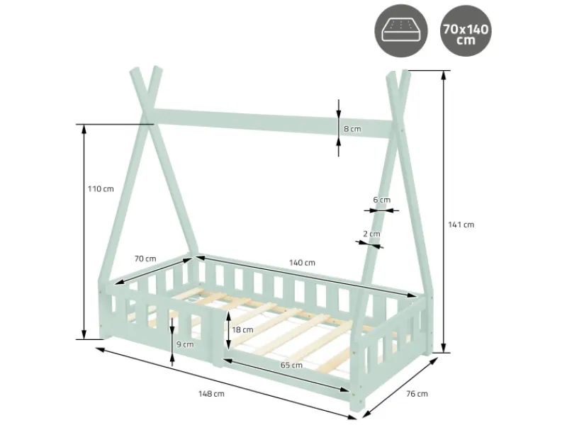 ML-Design Kinderbett Tipi 70x140 cm Mint mit Rausfallschutz Lattenrost