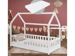 Sale ML-Design Kinderbett 80x160 cm mit Matratze Rausfallschutz Dach Weiß