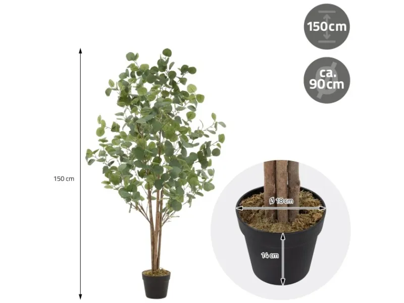 ML-Design Künstliche Eukalyptus 150cm Groß Kunstpflanze Naturholzstamm