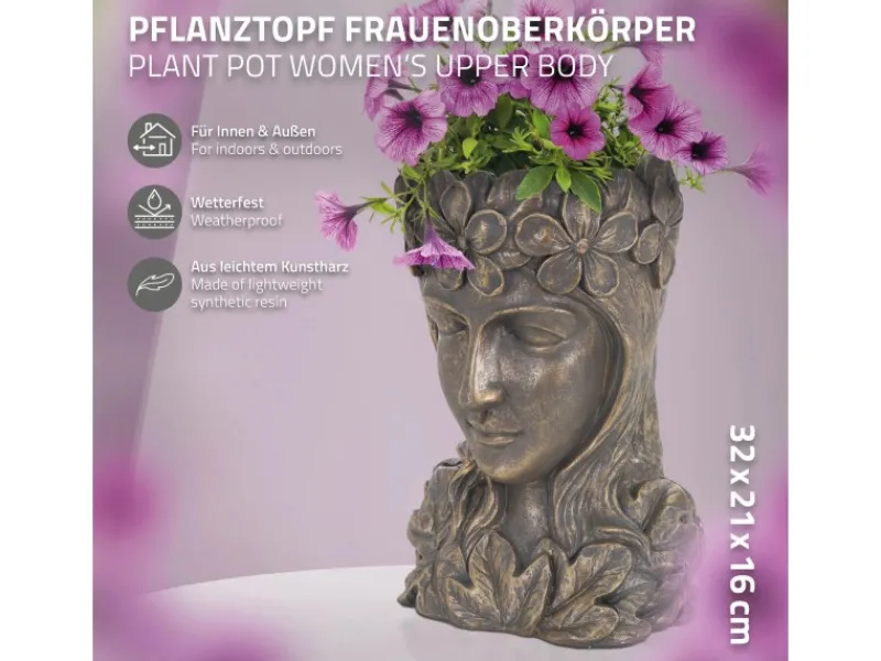 Best ML-Design Pflanztopf Frauenkopf Figur 21x16x32 cm Bronze Kunstharz Innen Außen