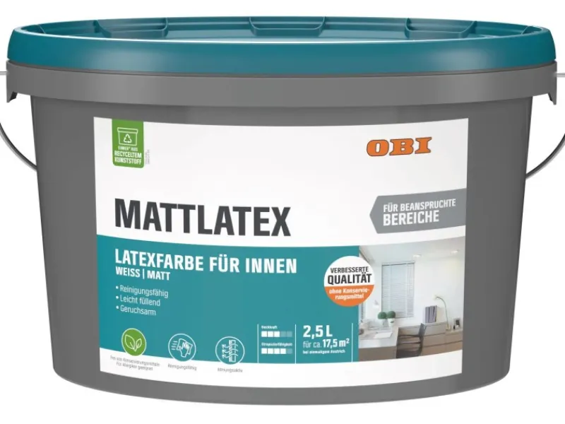 Outlet OBI Mattlatex Konservierungsmittelfrei Weiß-Matt 2,5 l