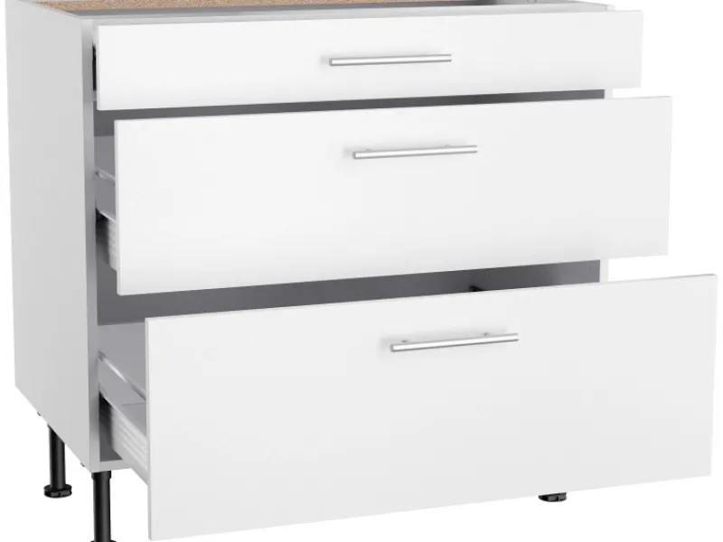 Optifit Küchen-Unterschrank mit 3 Auszügen Bengt932 90 cm x 87 cm x 58,4 cm Weiß