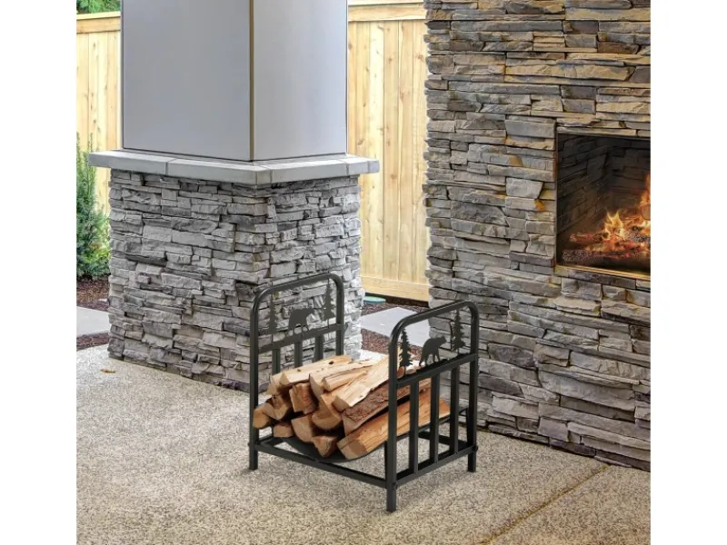 Clearance Outsunny Kaminholzregal Brennholzregal mit Griffe Metall Schwarz