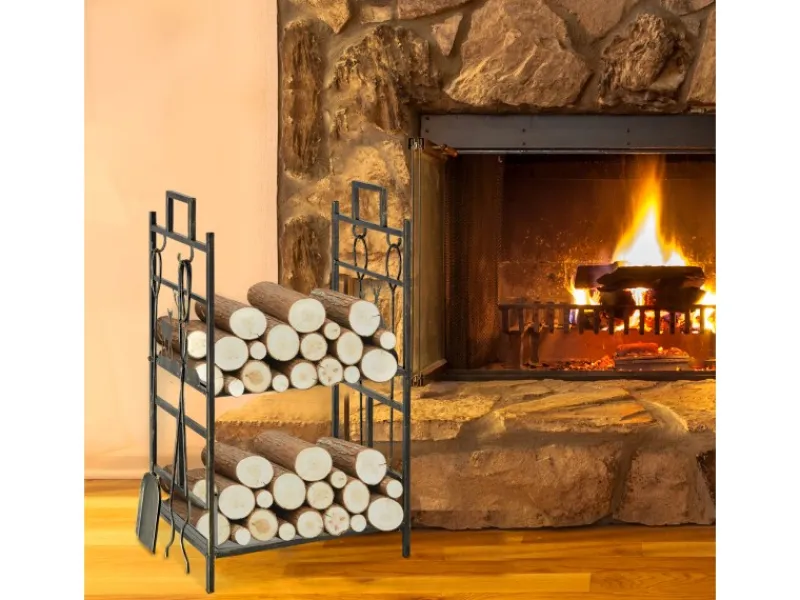 Hot Outsunny Kaminholzständer mit Kaminbesteck 51,5x33x77 cm