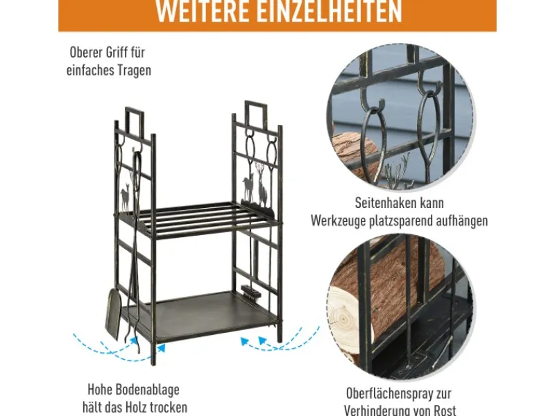 Hot Outsunny Kaminholzständer mit Kaminbesteck 51,5x33x77 cm