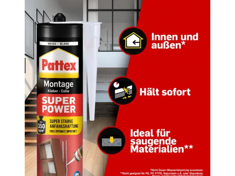 Pattex Baukleber Montagekleber Super Power Kartusche starke Anfangshaftung 370 g