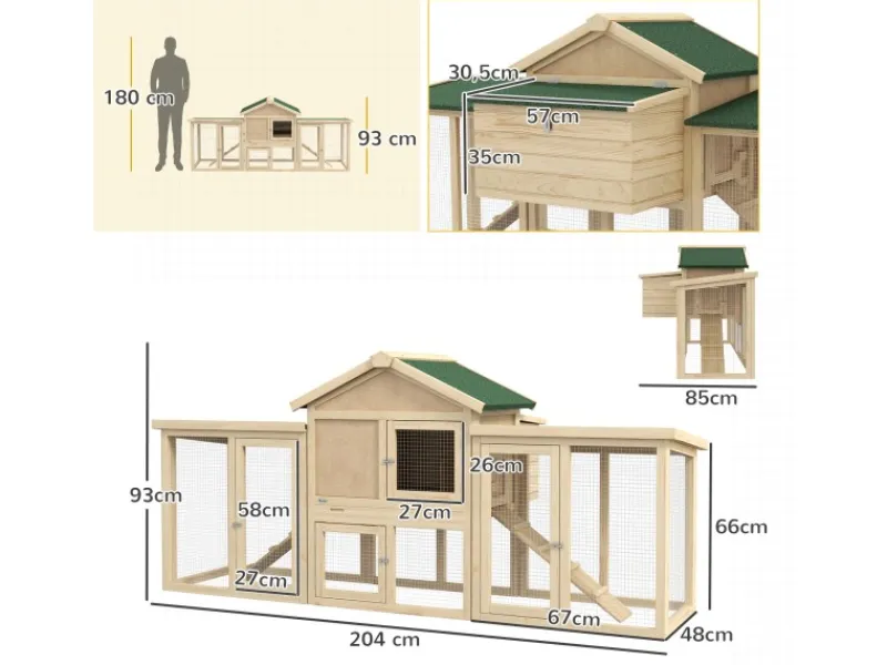 Clearance PawHut Hühnerstall 204 x 85 x 93 cm Hühnerhaus mit Freigehege Nistkasten