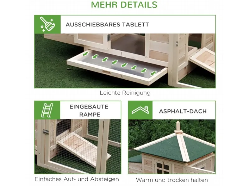 PawHut Hühnerstall mit Massivholz Kleintierstall aus Holz 196cm x 76cm x 97cm