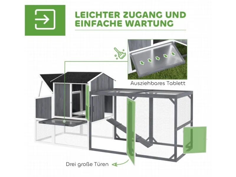 PawHut Hühnerstall mit Tannenholz Nistkasten Freigehege 236,5cm x 91cm x 114cm