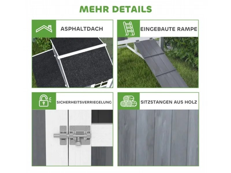 PawHut Hühnerstall mit Tannenholz Nistkasten Freigehege 236,5cm x 91cm x 114cm