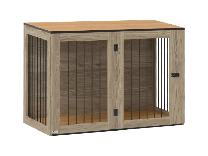 PawHut Hundekäfig Hundebox Stahl MDF Eiche 106B x 60T x 76H cm