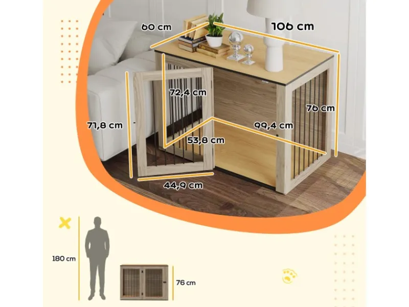 PawHut Hundekäfig Hundebox Stahl MDF Eiche 106B x 60T x 76H cm