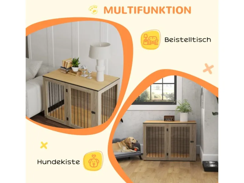 PawHut Hundekäfig Hundebox Stahl MDF Eiche 106B x 60T x 76H cm